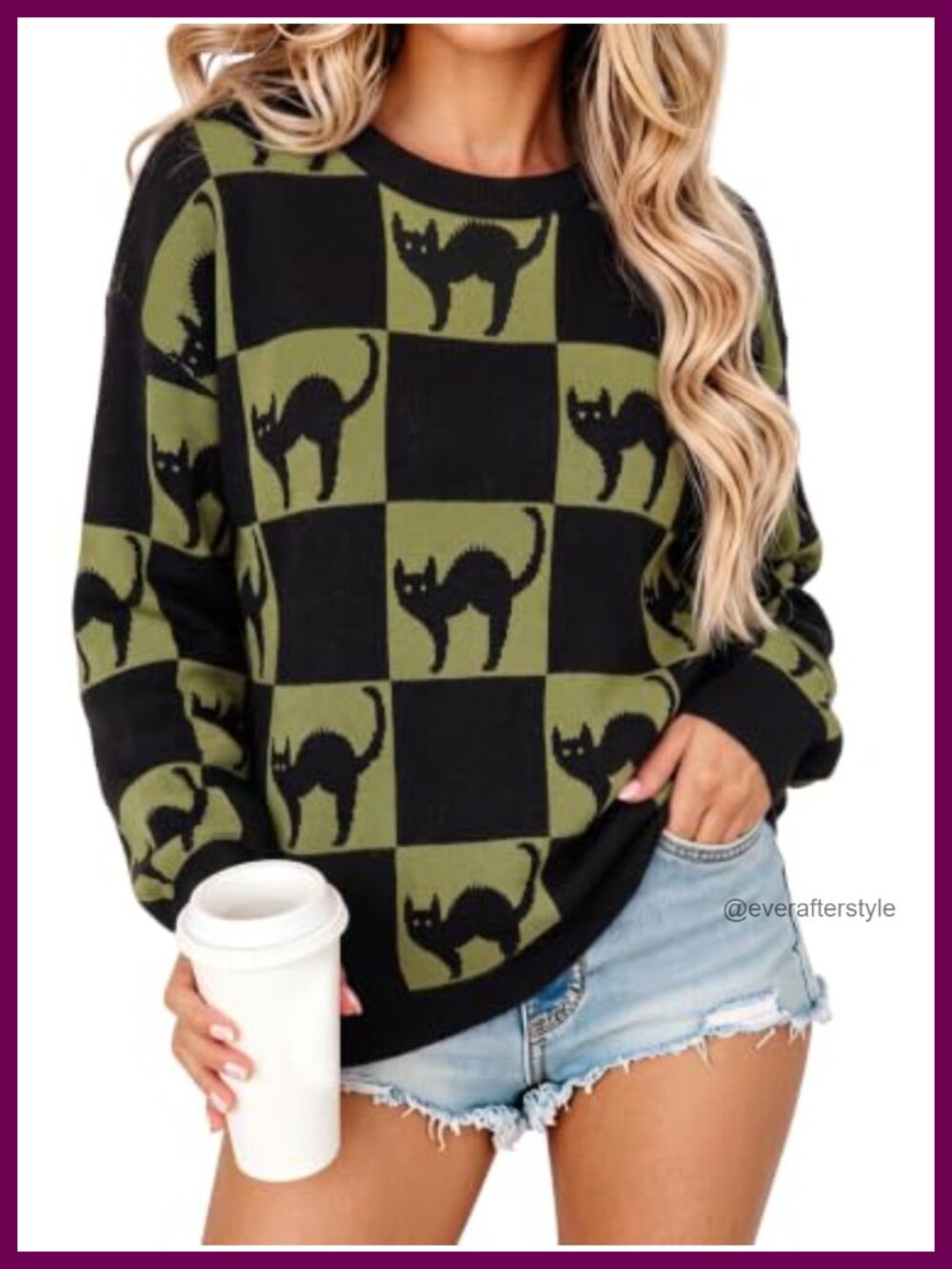 Ugly Halloween Sweater Women Black Cat Knit Pullover Crewneck Long Sleeve